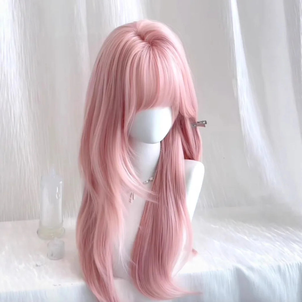 Long Straight Wig with Bangs for Women Light Pink Synthetic Hair Heat Resistant for Daily & Cosplay