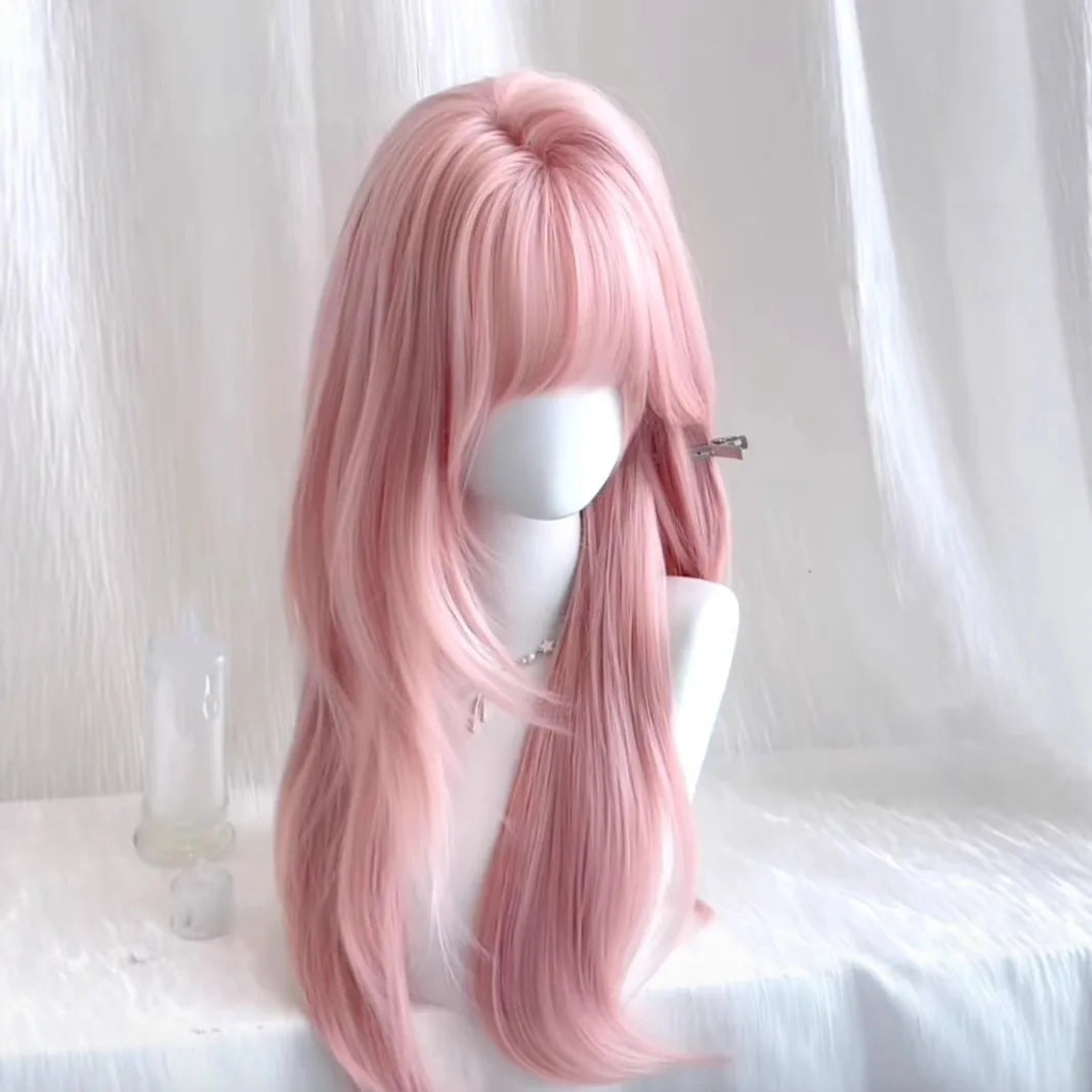 Long Straight Wig with Bangs for Women Light Pink Synthetic Hair Heat Resistant for Daily & Cosplay