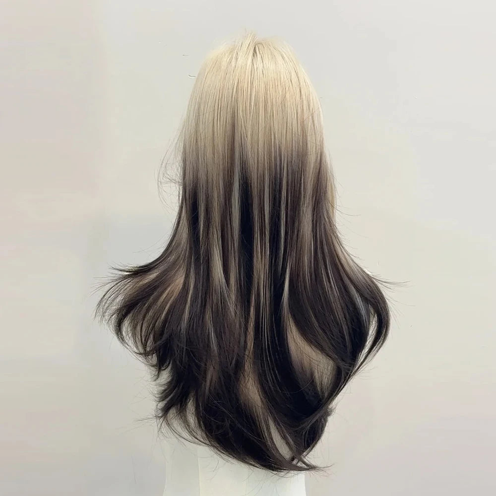 Ombre Blonde Black Synthetic Layered Wig for Lolita Cosplay Daily Party Women Long Straight Wig with Bangs