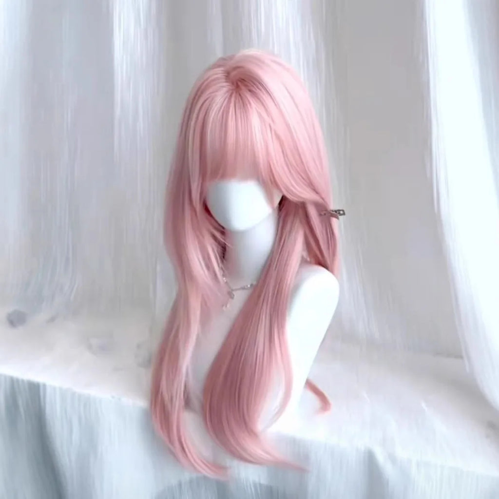Long Straight Wig with Bangs for Women Light Pink Synthetic Hair Heat Resistant for Daily & Cosplay