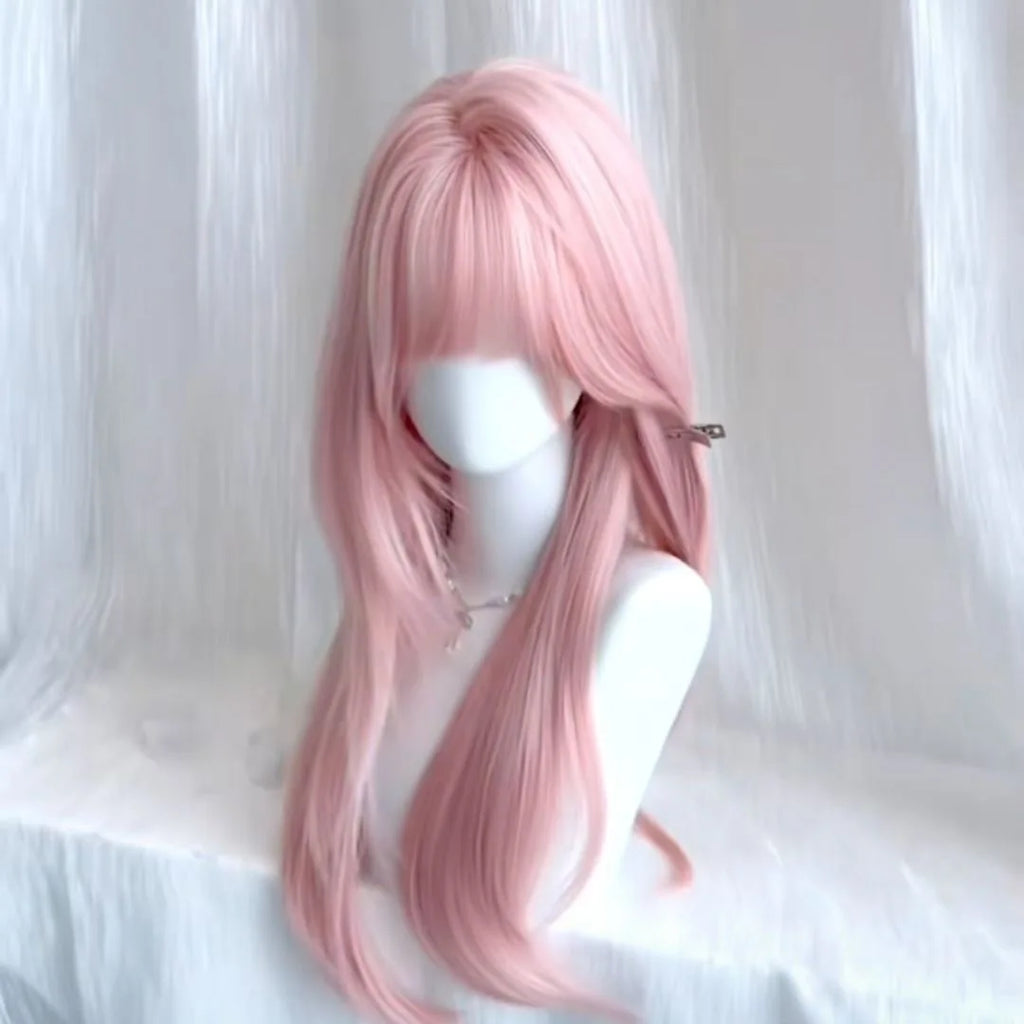 Long Straight Wig with Bangs for Women Light Pink Synthetic Hair Heat Resistant for Daily & Cosplay