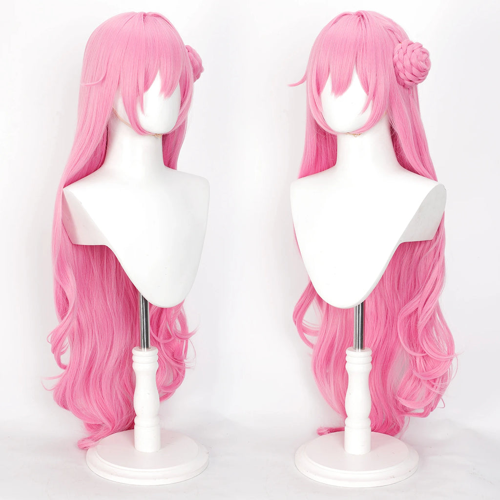 40inch Pink Long Curly Cosplay Wig with Detachable Bun Heat Resistant Synthetic Hair for Anime Fans