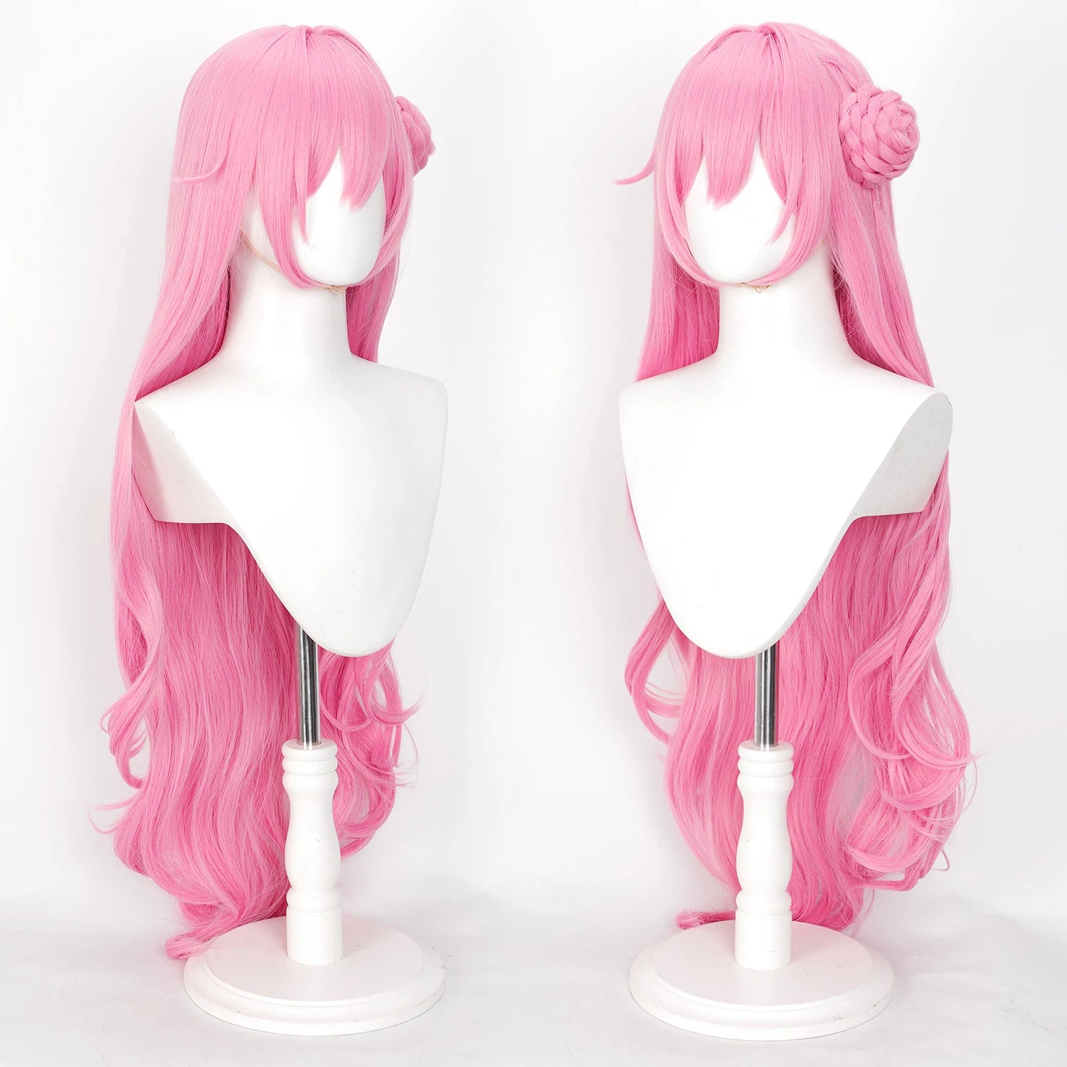 40inch Pink Long Curly Cosplay Wig with Detachable Bun Heat Resistant Synthetic Hair for Anime Fans