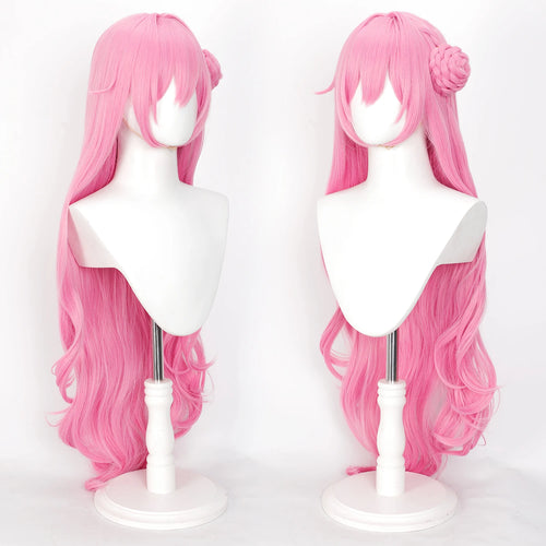 40inch Pink Long Curly Cosplay Wig with Detachable Bun Heat Resistant Synthetic Hair for Anime Fans