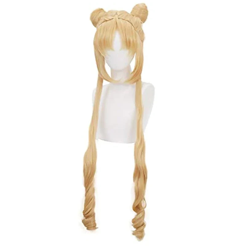 Synthetic Hair Wig  Sailor Moon Blonde Two Braids Long Wavy Cosplay Wig  for Girls Costume Party