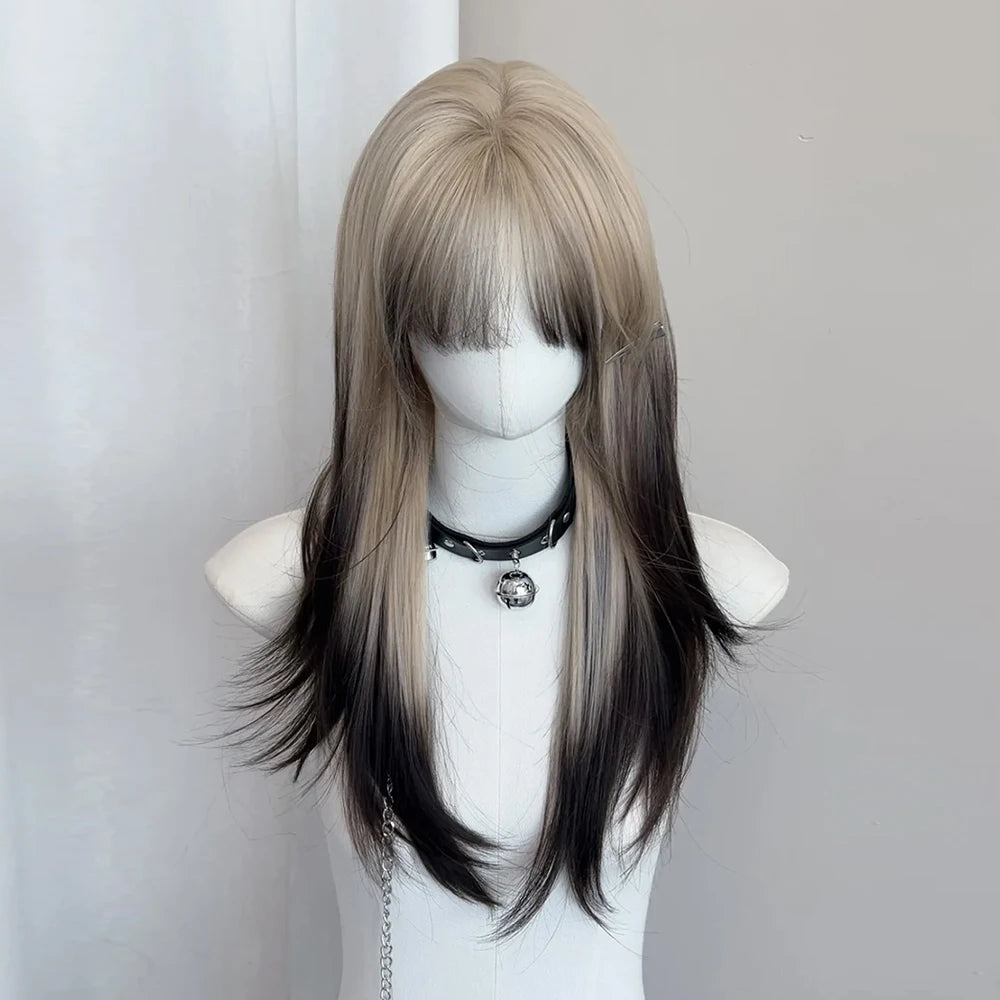 Ombre Blonde Black Synthetic Layered Wig for Lolita Cosplay Daily Party Women Long Straight Wig with Bangs