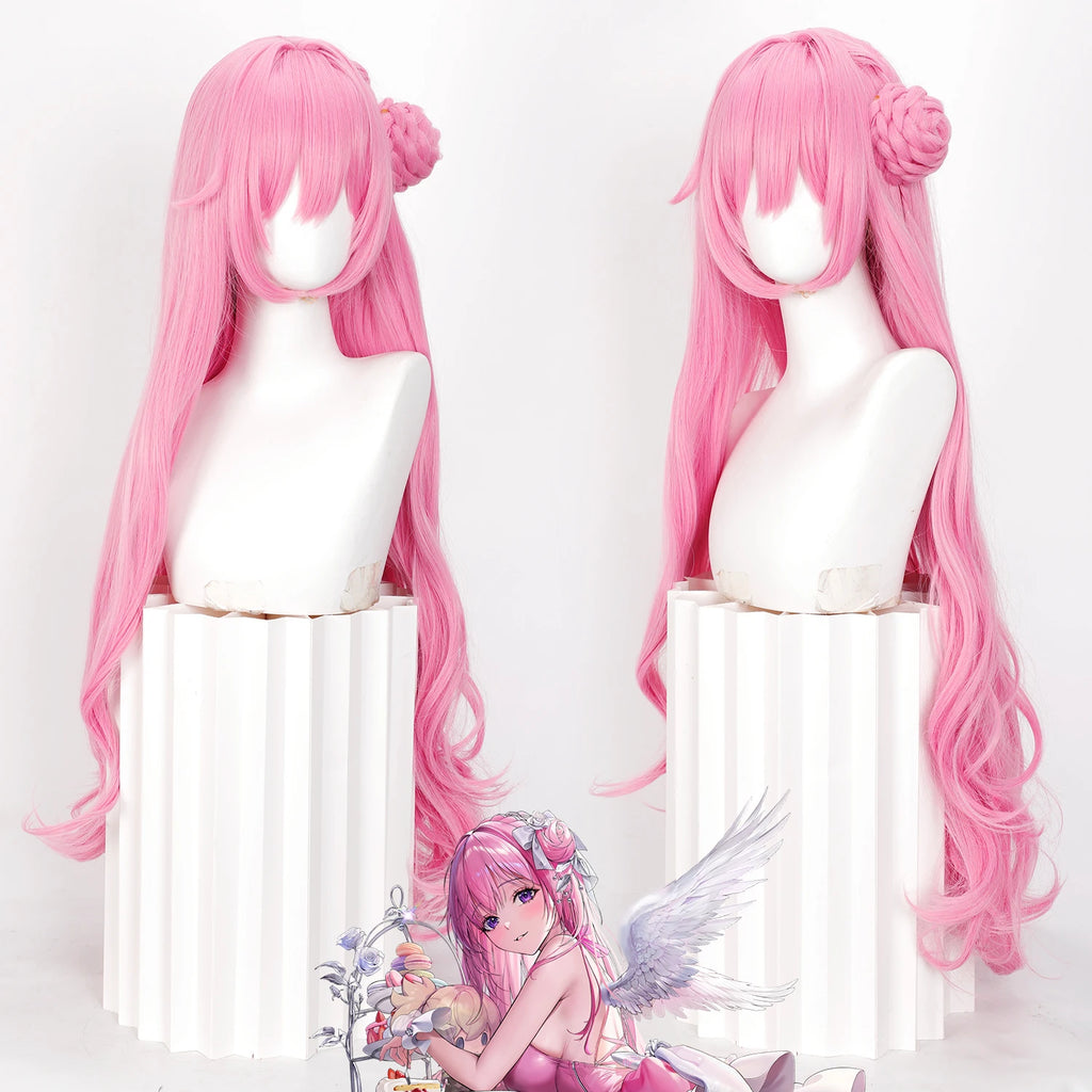 40inch Pink Long Curly Cosplay Wig with Detachable Bun Heat Resistant Synthetic Hair for Anime Fans