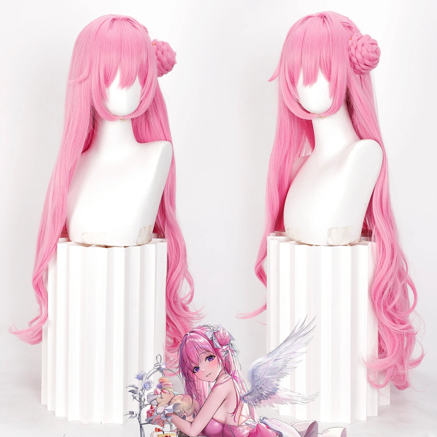 40inch Pink Long Curly Cosplay Wig with Detachable Bun Heat Resistant Synthetic Hair for Anime Fans